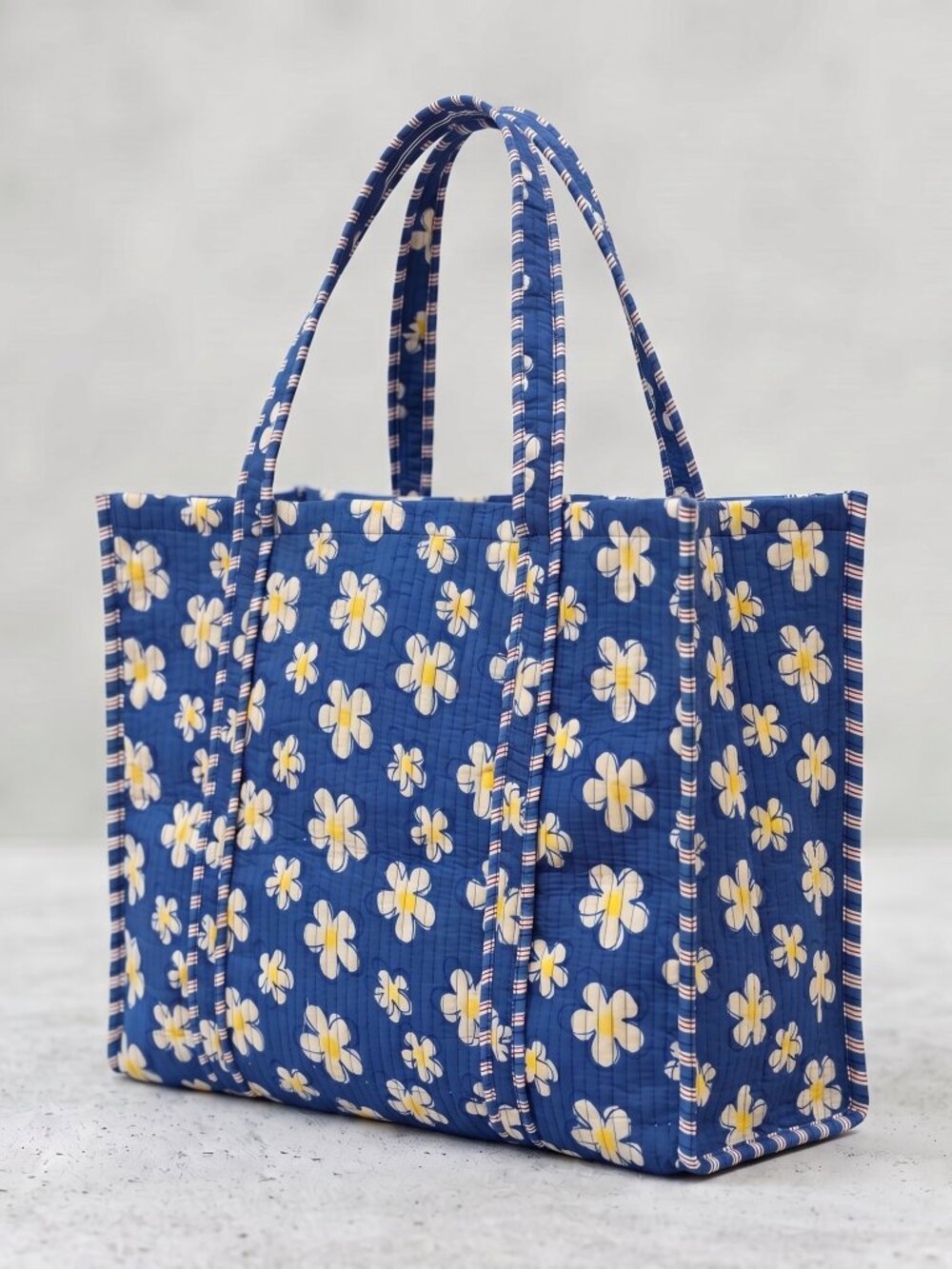Floral Block Printed Tote Bag, Cotton Quilted Travel Bag, Eco Friendly Tote Bag